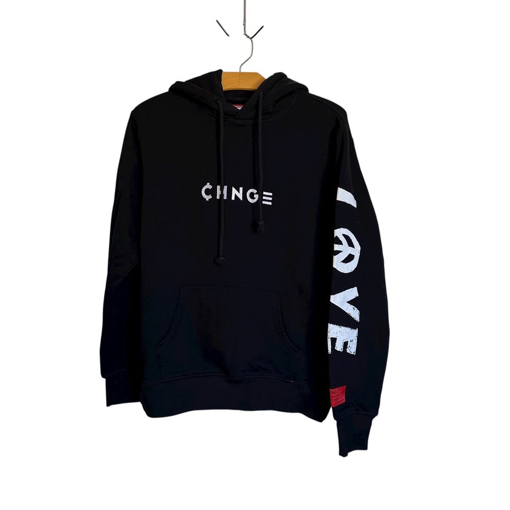 CHNGE Peace Love Hoodie Black Pullover Sweatshirt Activist Embroidered Size M